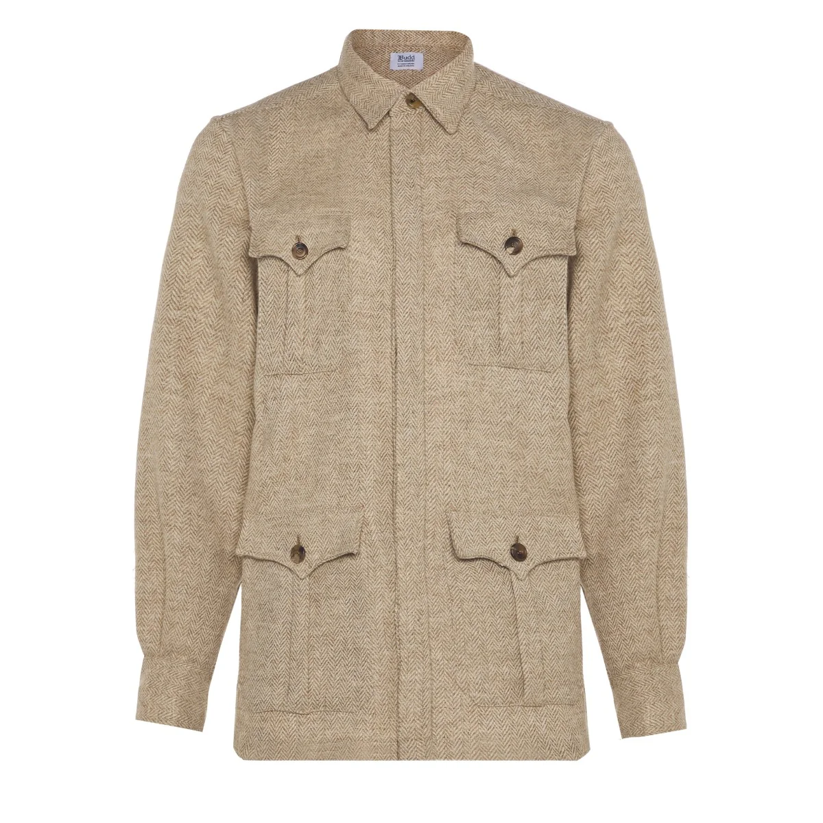 Herringbone Wool Tweed Button Cuff Safari Shirt in Natural