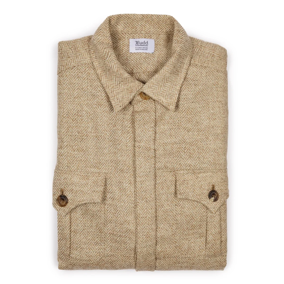 Herringbone Wool Tweed Button Cuff Safari Shirt in Natural - Image 2