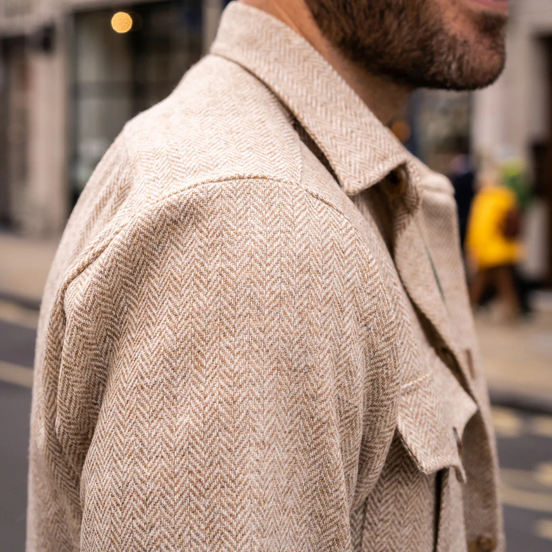 Herringbone Wool Tweed Button Cuff Safari Shirt in Natural - Image 4