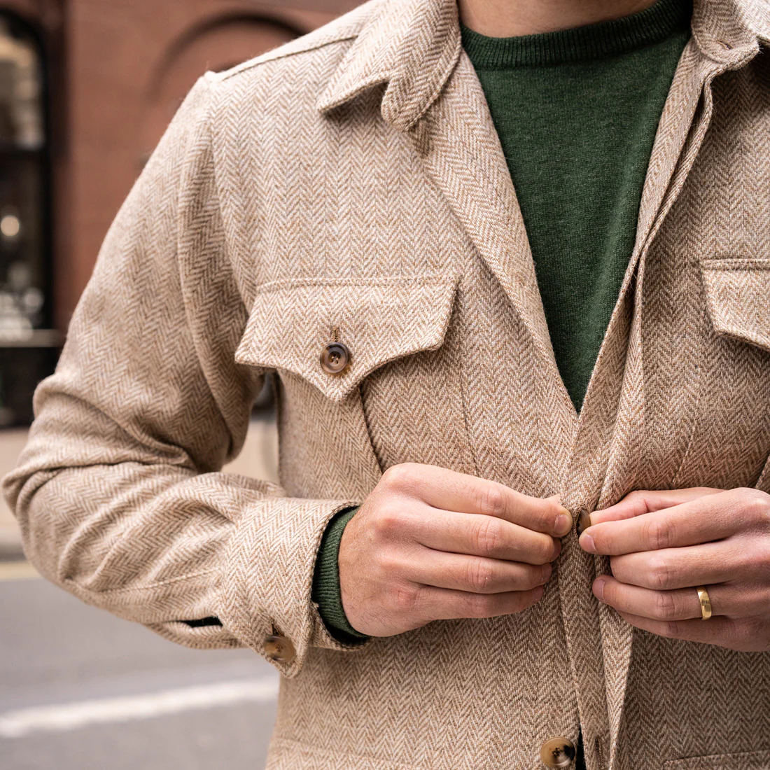 Herringbone Wool Tweed Button Cuff Safari Shirt in Natural - Image 5