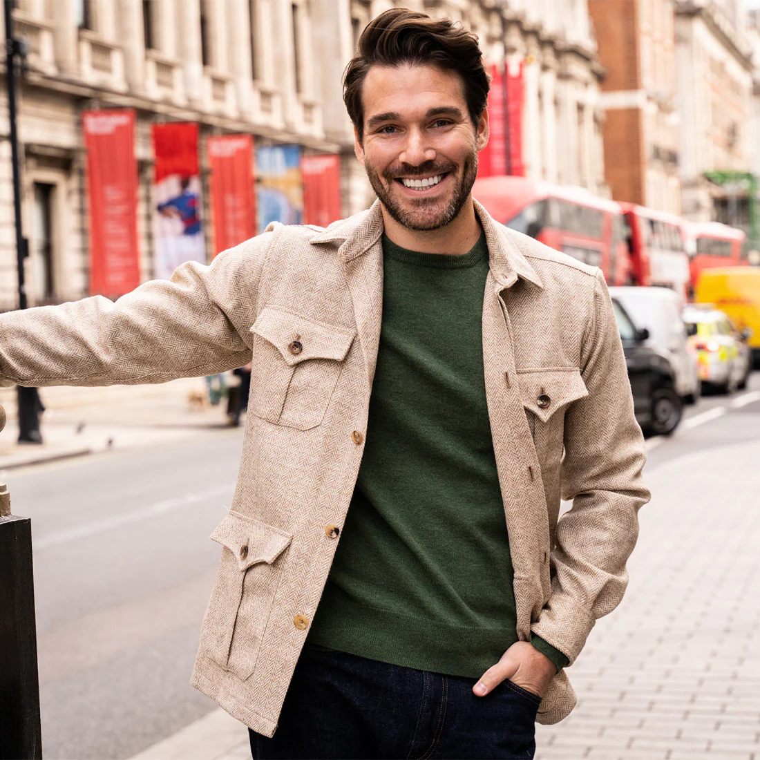 Herringbone Wool Tweed Button Cuff Safari Shirt in Natural - Image 6
