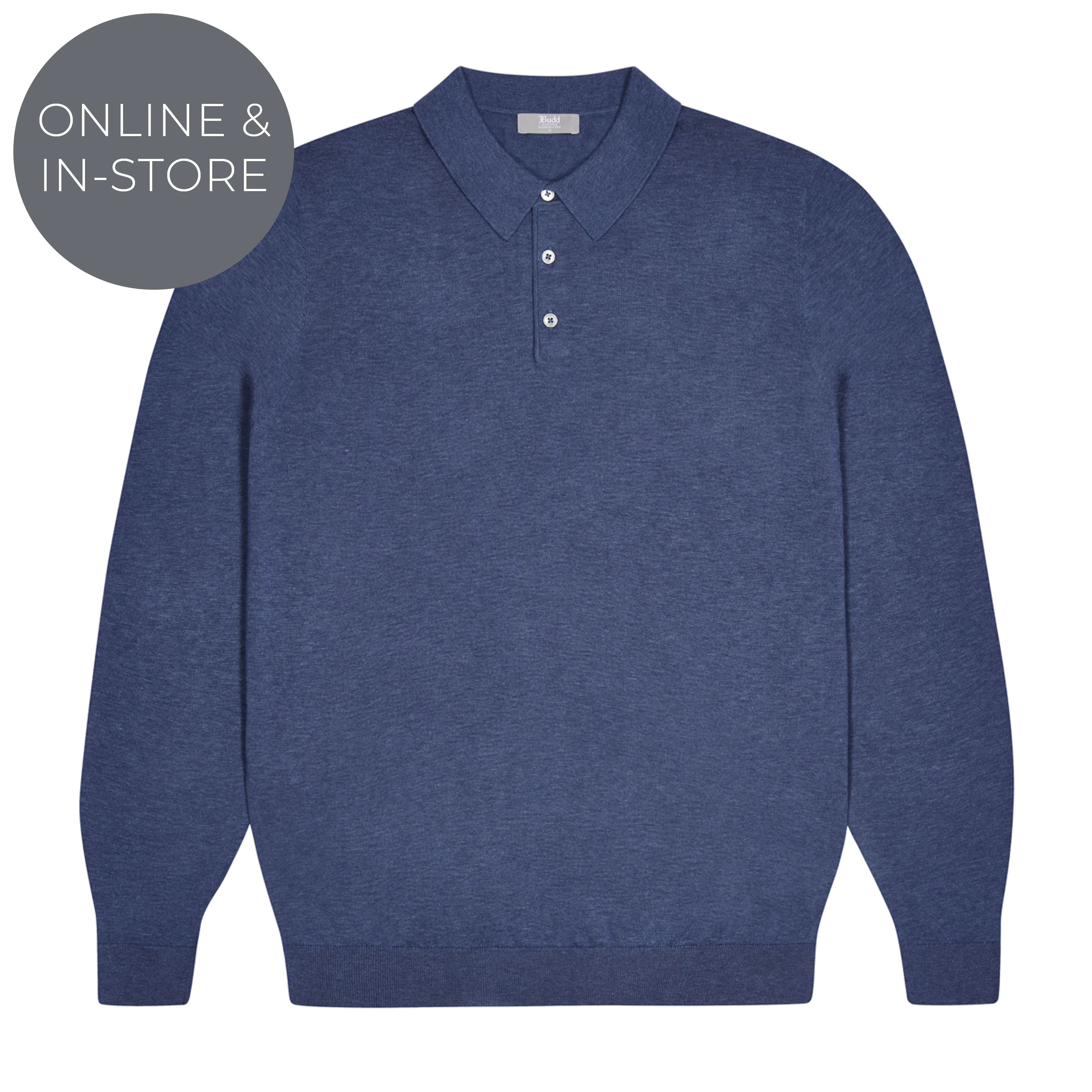 Holt Cotton Fine Knit Long Sleeve Polo Shirt in Denim Blue