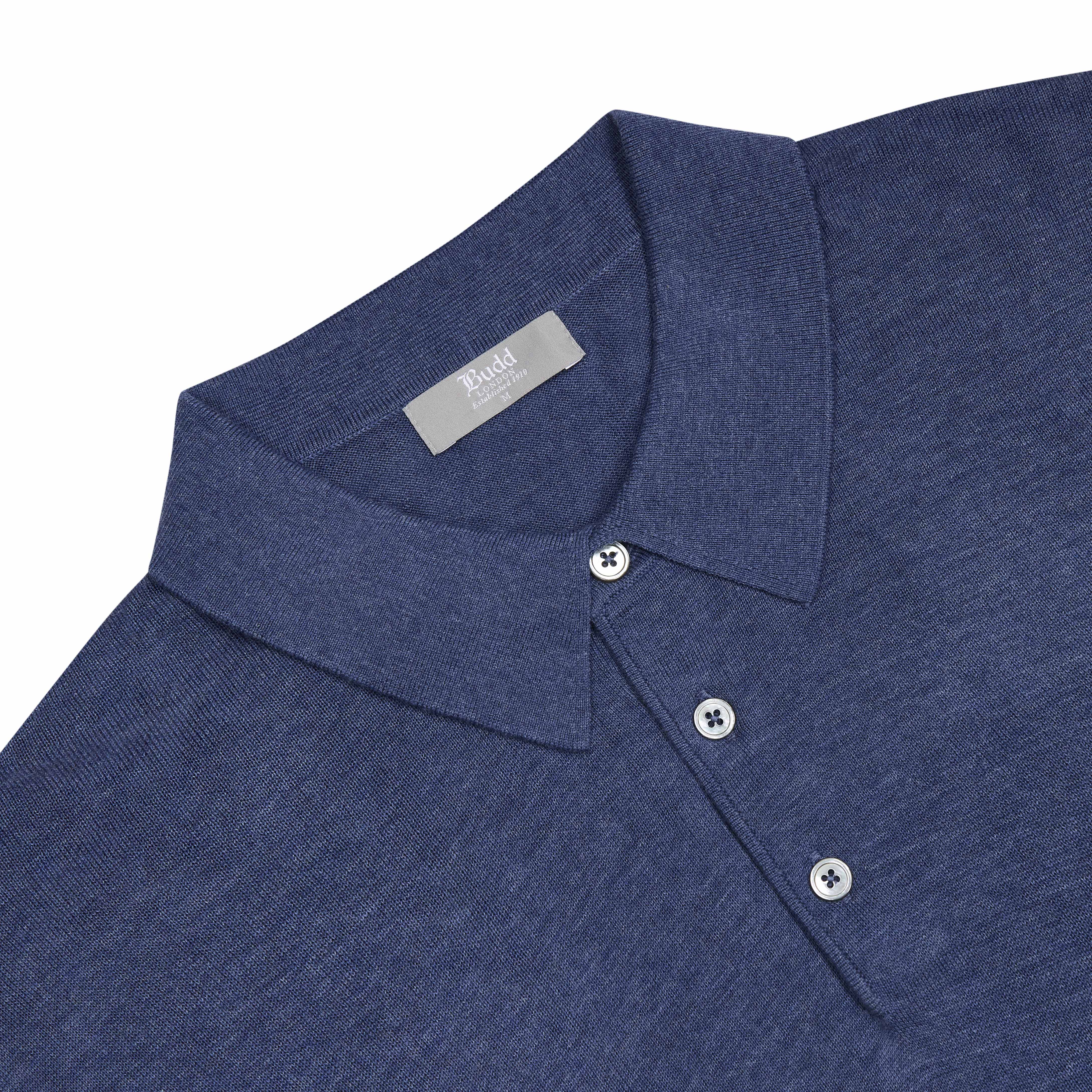 Holt Cotton Fine Knit Long Sleeve Polo Shirt in Denim Blue - Image 3