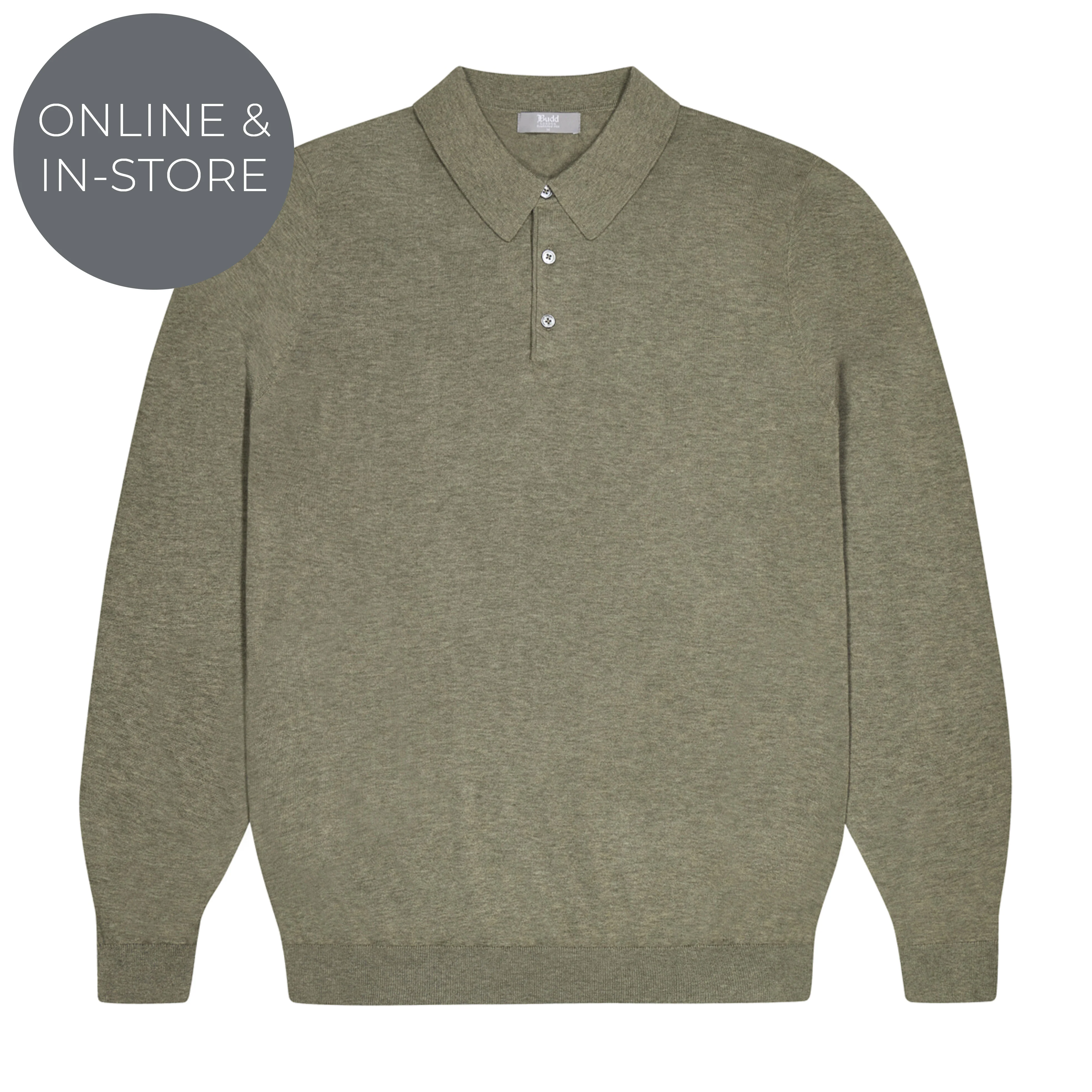 Holt Cotton Fine Knit Long Sleeve Polo Shirt in Laurel Green