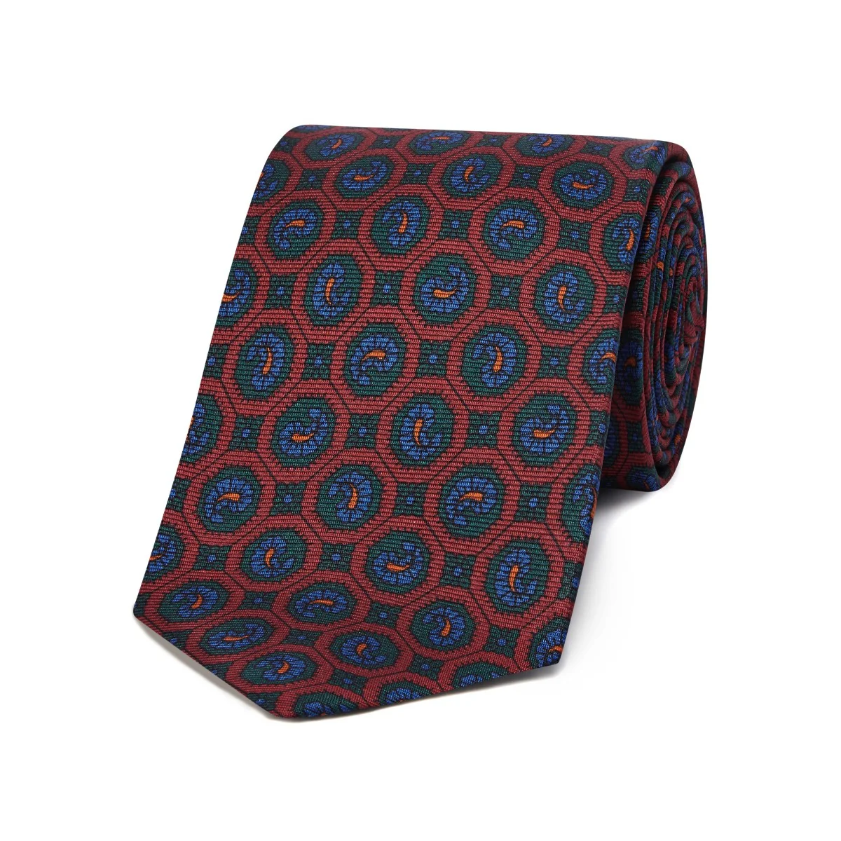 Madder Silk Leaf Emblem Tie in Red and Green