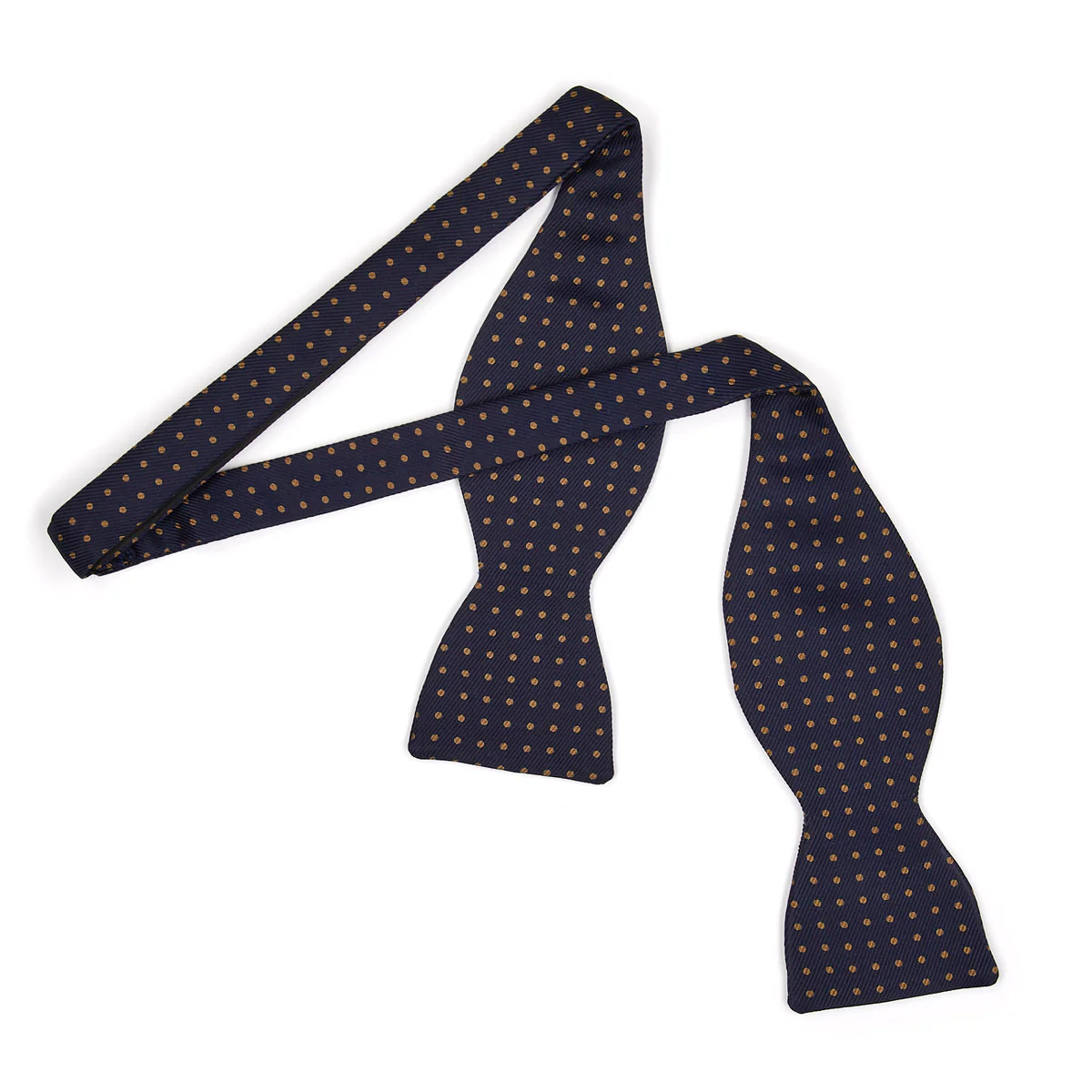 Mini Polka Dot Silk Adjustable Bow Tie in Navy and Brown - Image 2