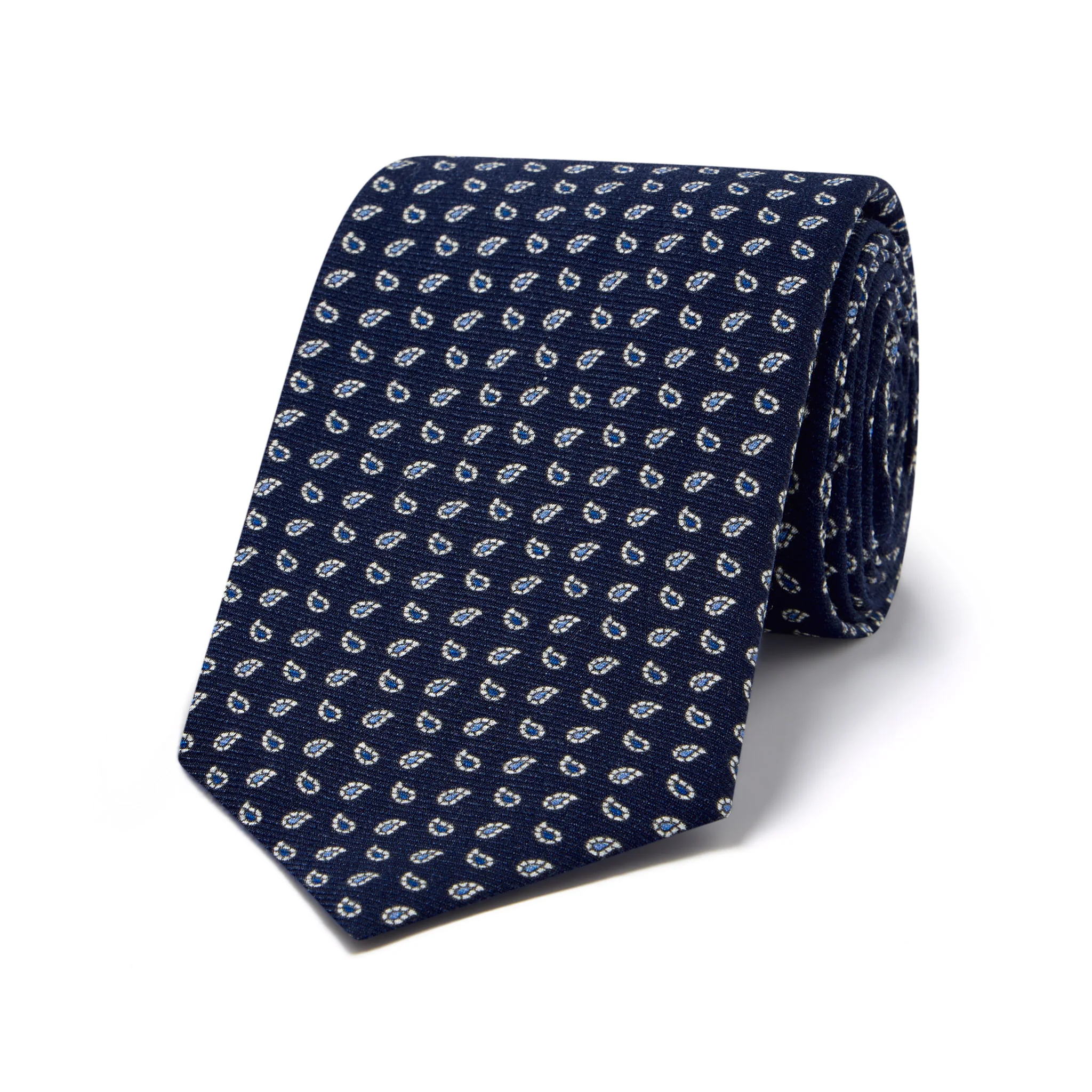 Miniature Teardrop Motif Twill Silk Tie in Navy Blue