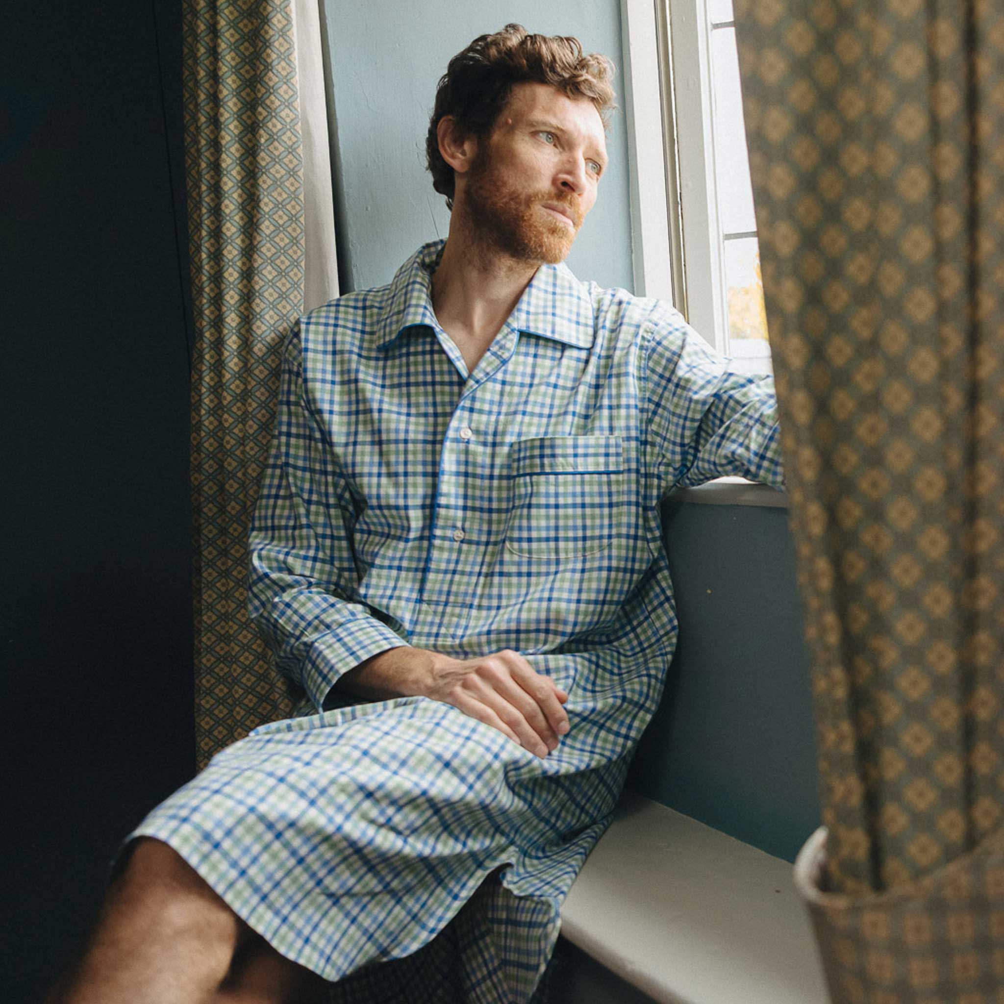 Multi Check Brushed Cotton Nightshirt in Blue and Green - Image 2