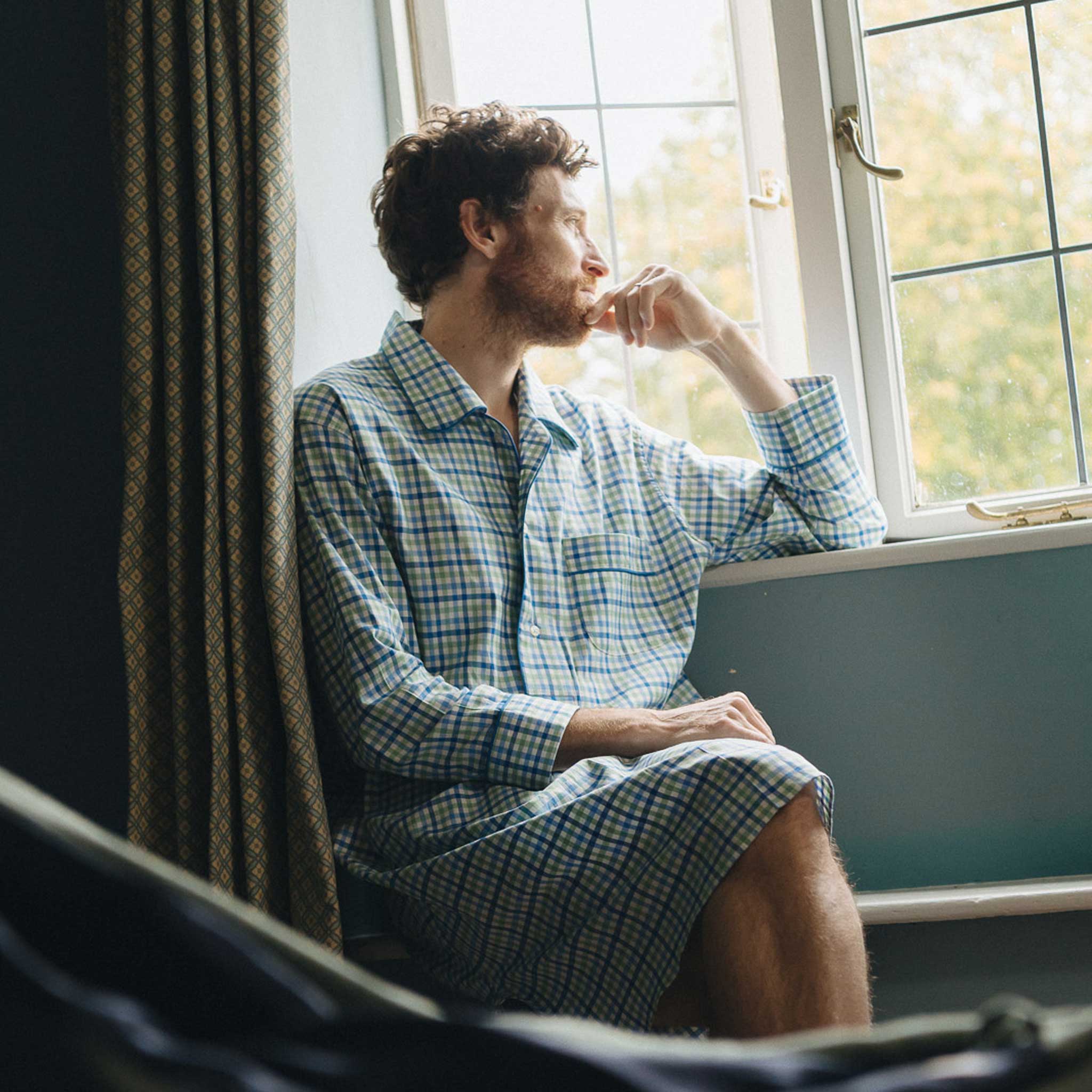 Multi Check Brushed Cotton Nightshirt in Blue and Green - Image 4