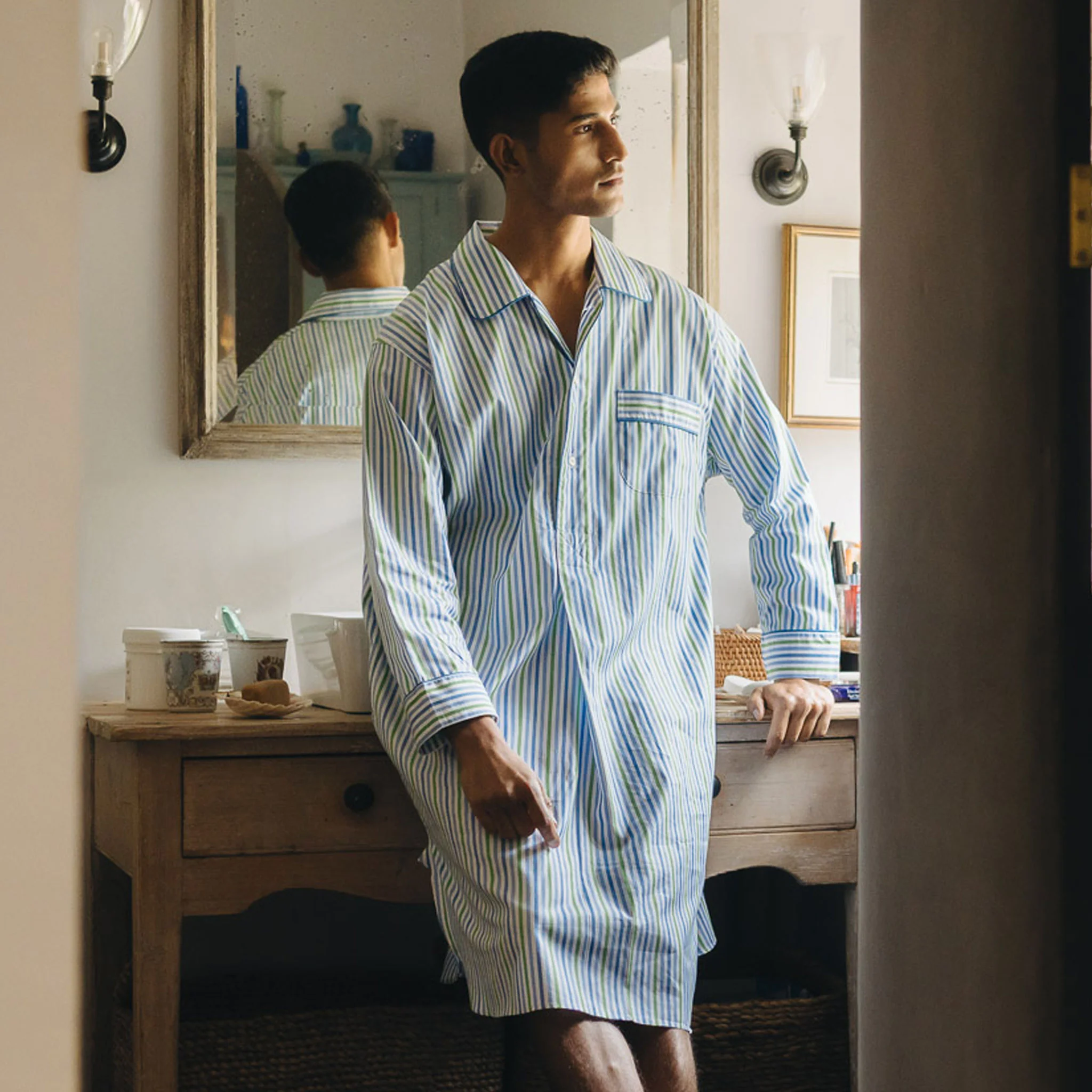 Multi Stripe Poplin Nightshirt in Blue and Green - Image 2