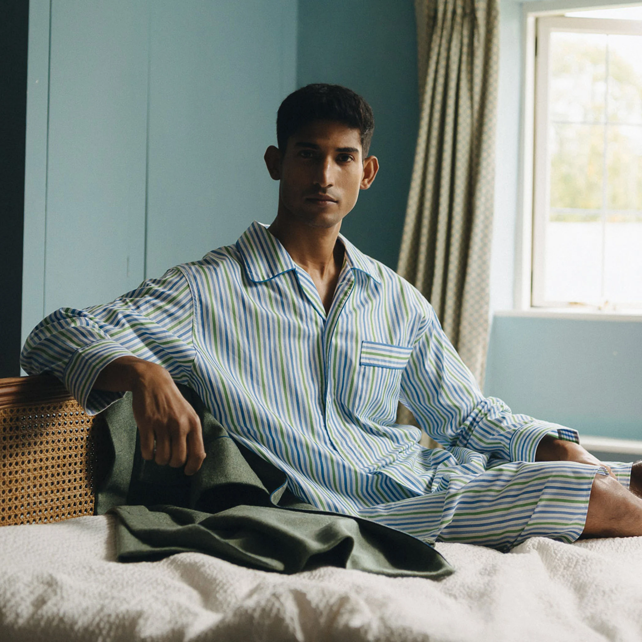 Multi Stripe Poplin Nightshirt in Blue and Green - Image 5