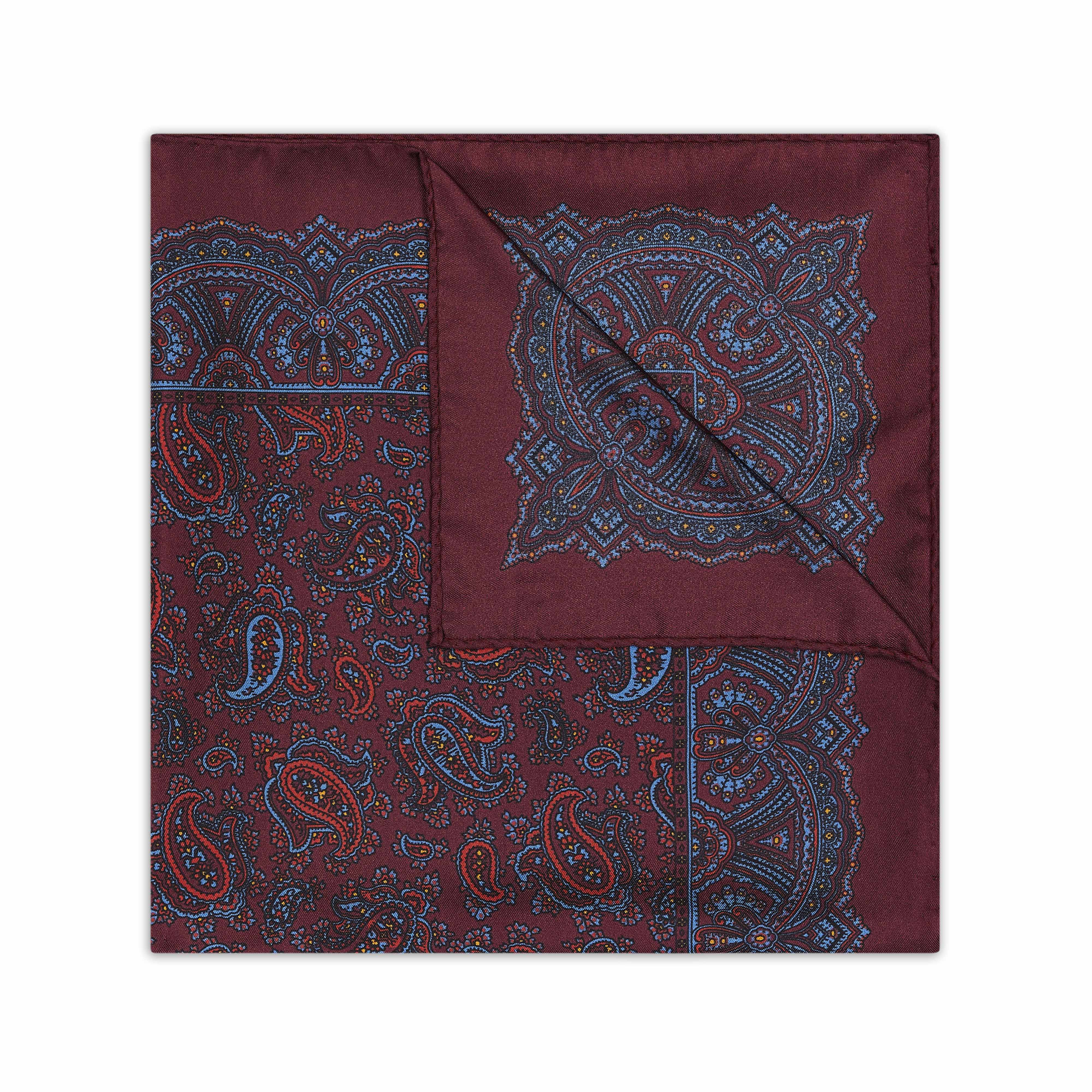 Ornate Border Paisley Madder Silk Neckerchief in Burgundy
