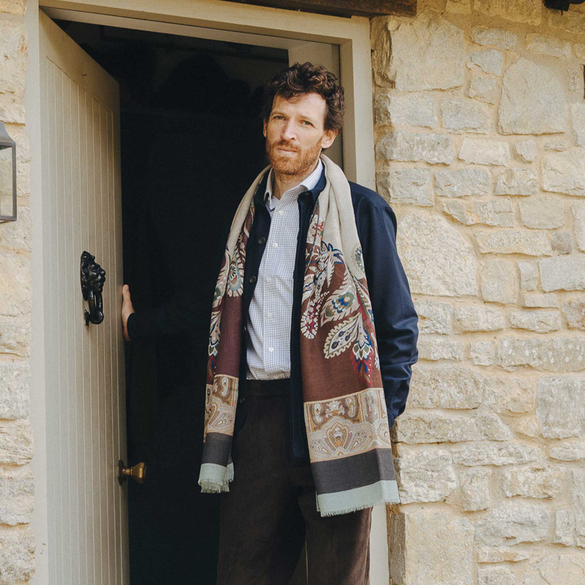 Paisley Fantasy Fine Wool Scarf in Forest Green - Image 2