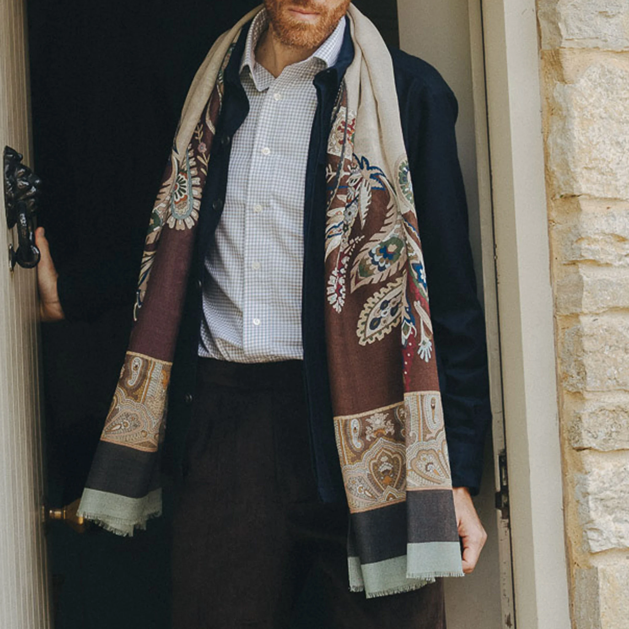 Paisley Fantasy Fine Wool Scarf in Forest Green - Image 3