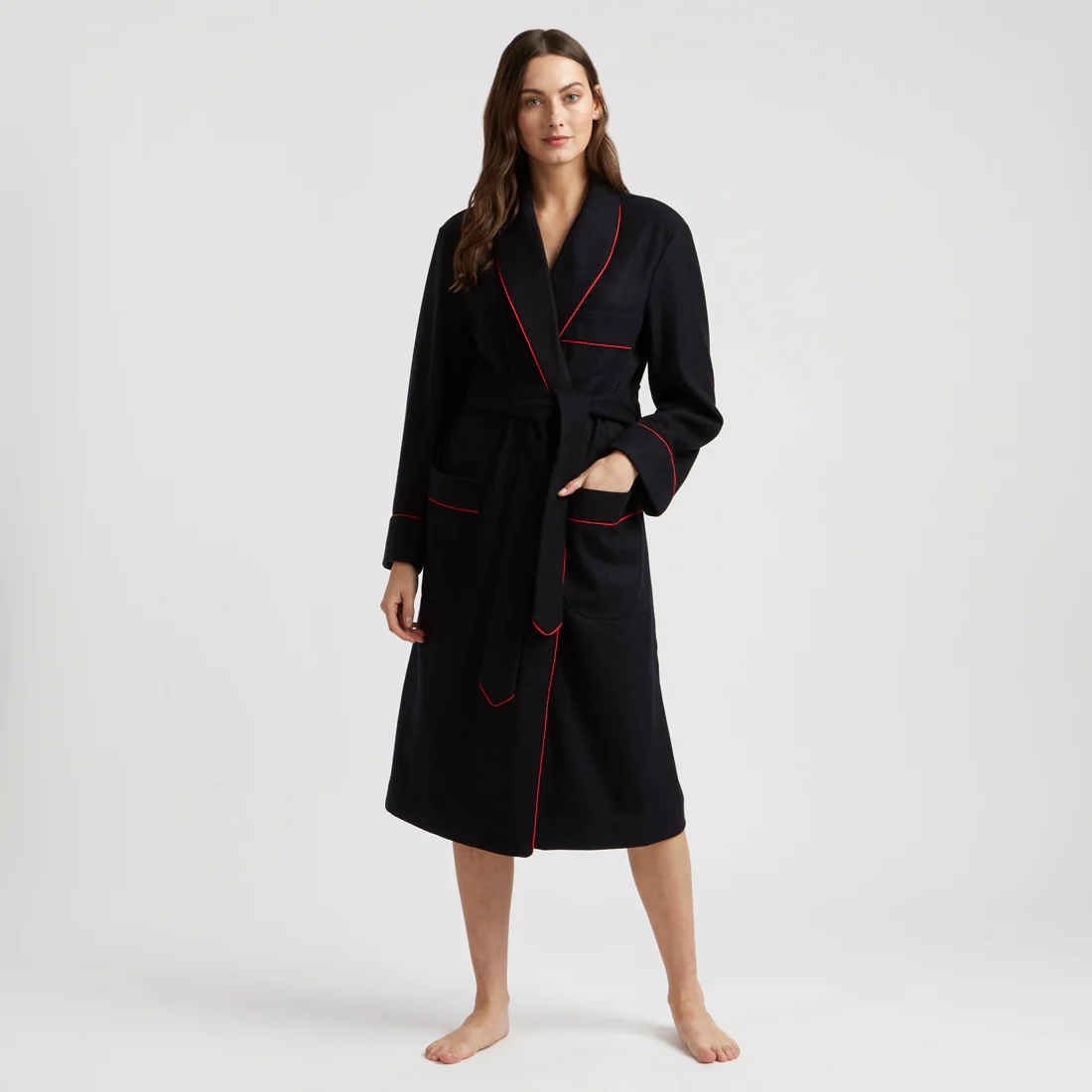 Cashmere and Wool Fleece Dressing Gown in Navy and Wine - Image 6