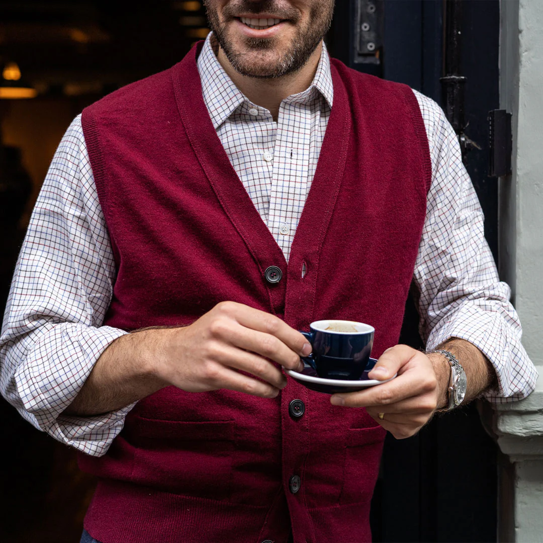 Wilton Scottish Cashmere Sleeveless Cardigan in Claret - Image 3
