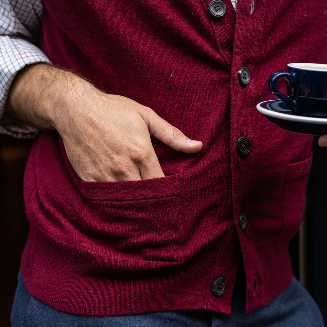 Wilton Scottish Cashmere Sleeveless Cardigan in Claret - Image 4