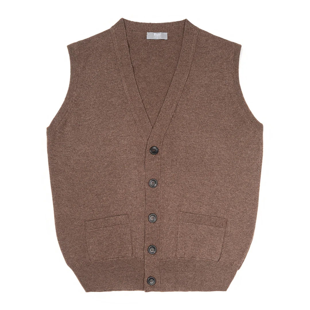Wilton Scottish Cashmere Sleeveless Cardigan in Mocha