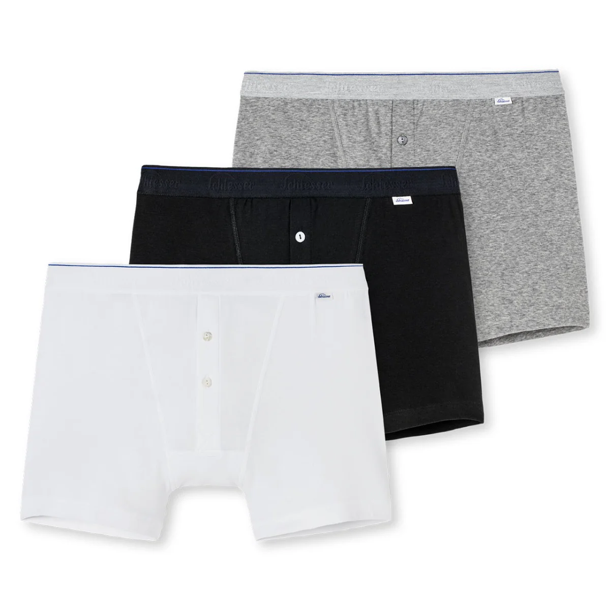Plain Cotton Schiesser 3 Pack Boxer in White, Grey and Navy