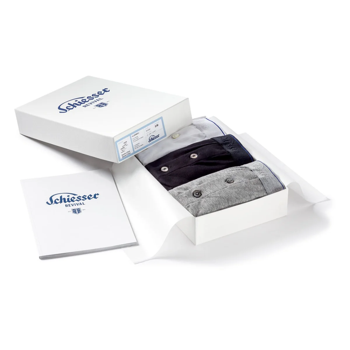 Plain Cotton Schiesser 3 Pack Boxer in White, Grey and Navy - Image 2