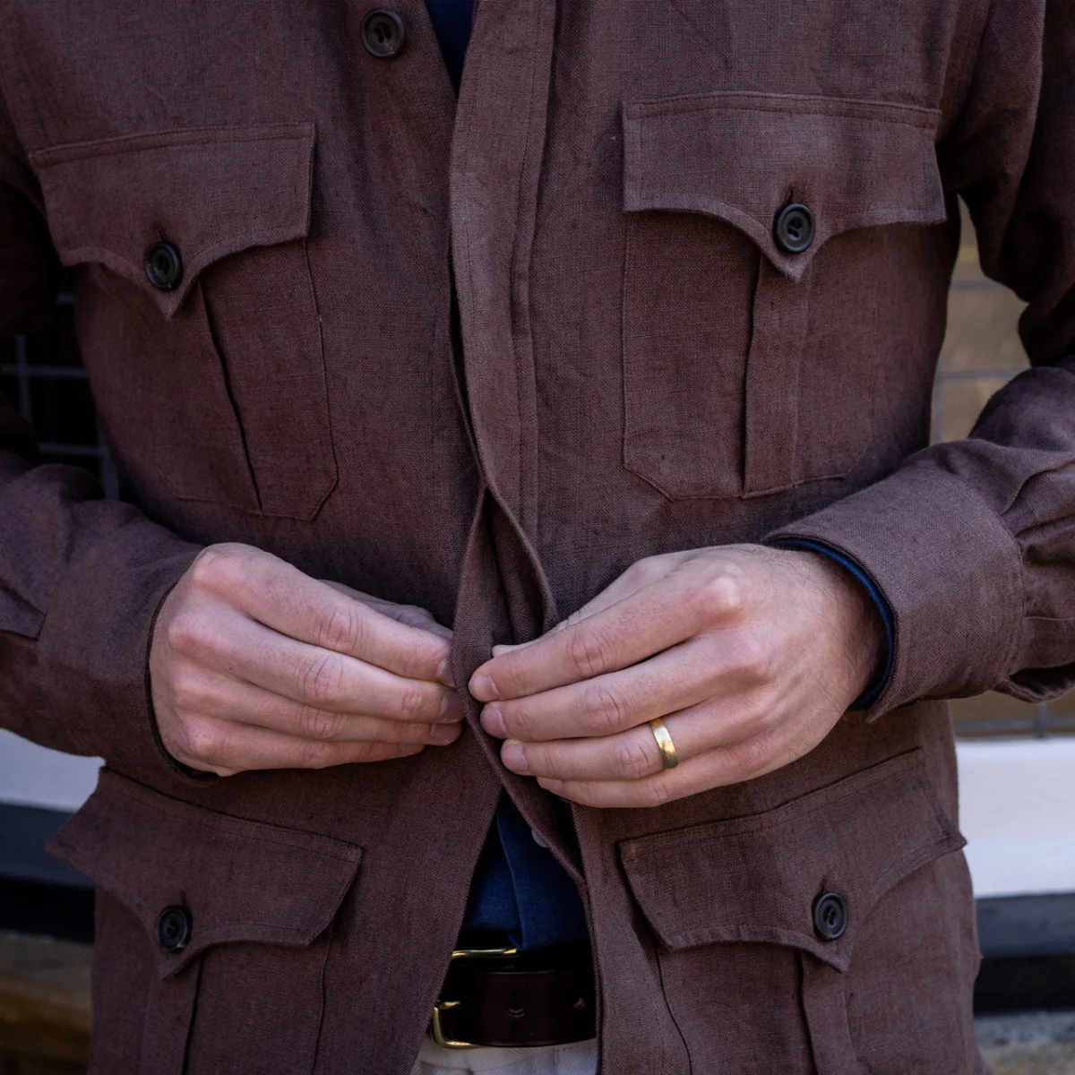 Plain Linen Button Cuff Safari Shirt in Cocoa - Image 3