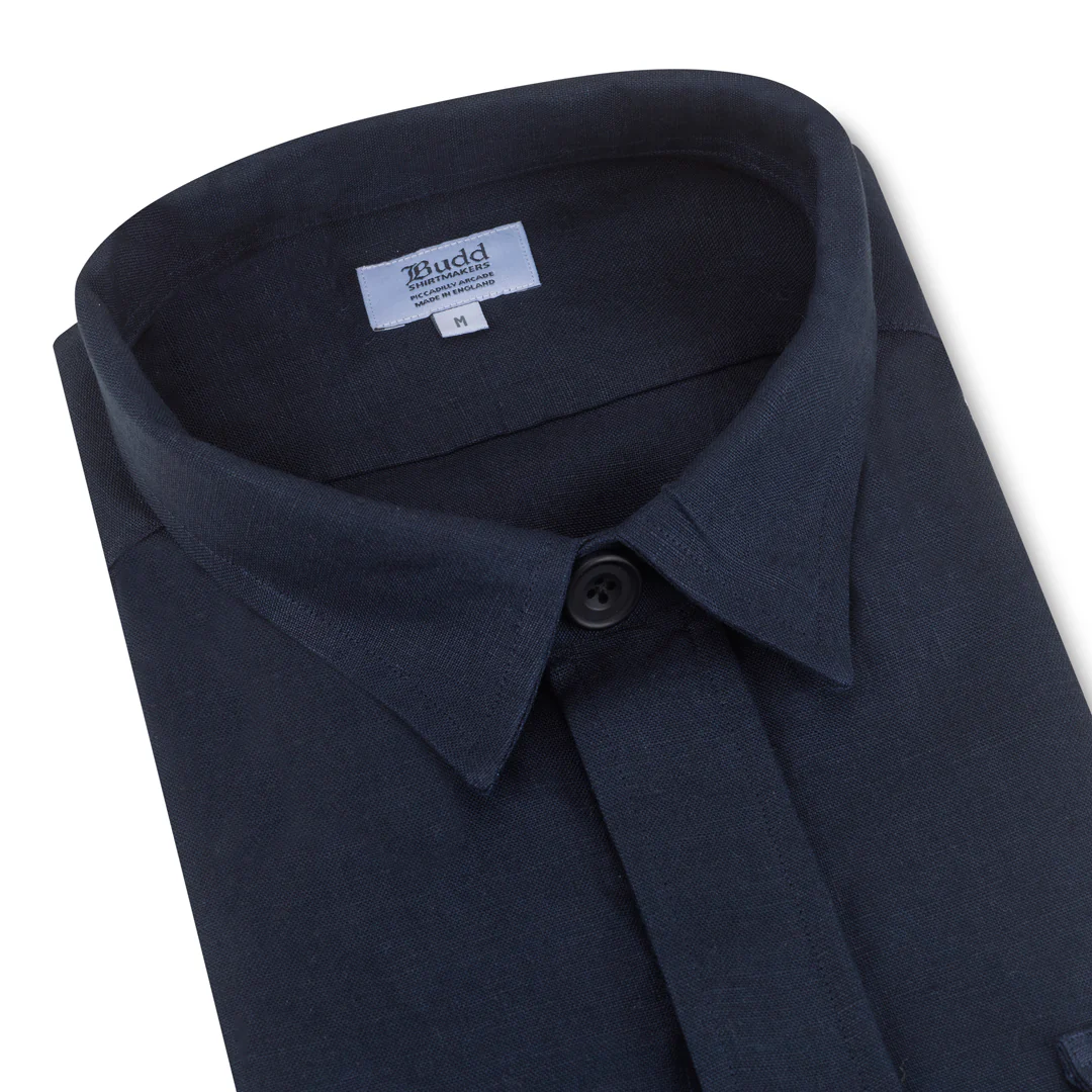 Plain Linen Button Cuff Safari Shirt in Navy - Image 5