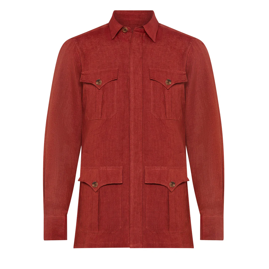 Plain Linen Button Cuff Safari Shirt in Terracotta Red