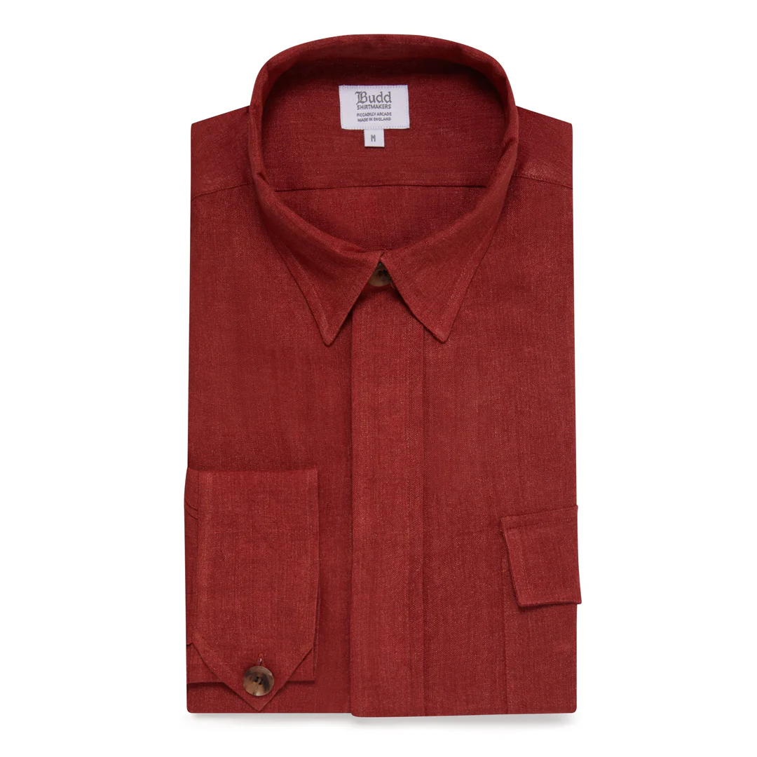 Plain Linen Button Cuff Safari Shirt in Terracotta Red - Image 2