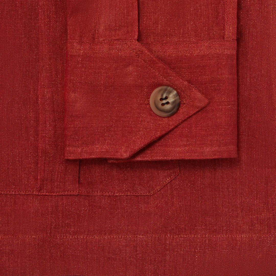Plain Linen Button Cuff Safari Shirt in Terracotta Red - Image 3