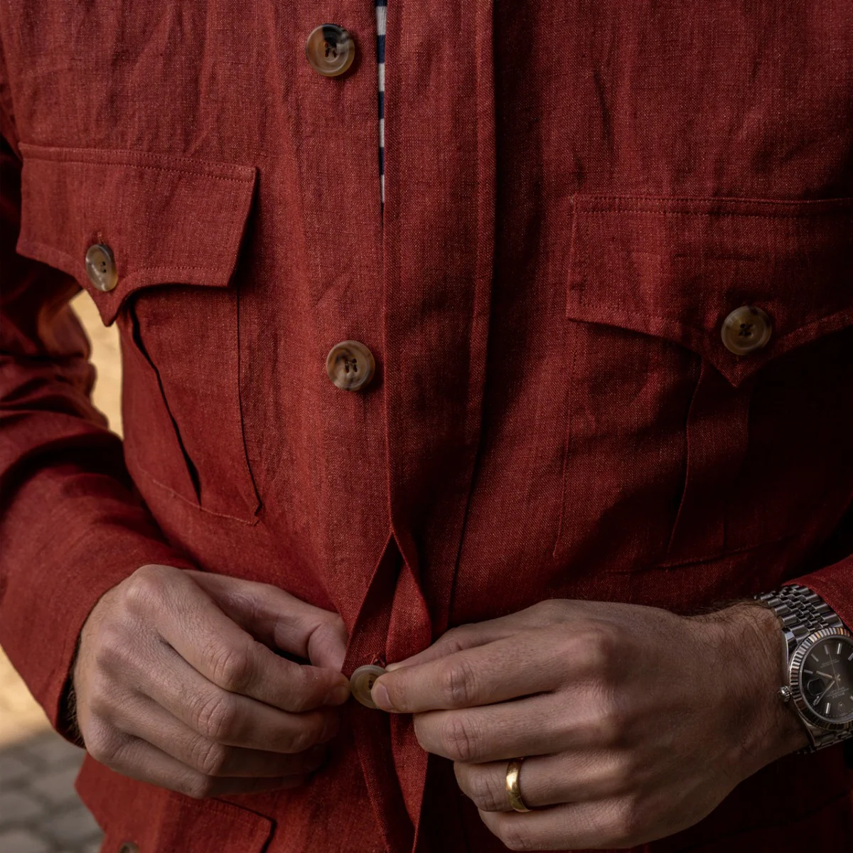 Plain Linen Button Cuff Safari Shirt in Terracotta Red - Image 4