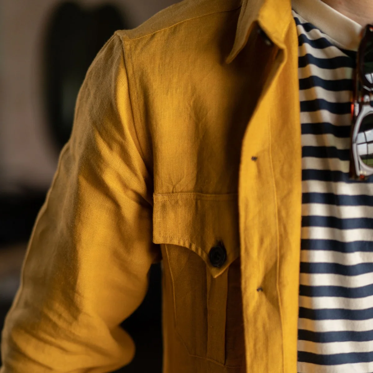 Plain Linen Button Cuff Safari Shirt in Yellow - Image 5