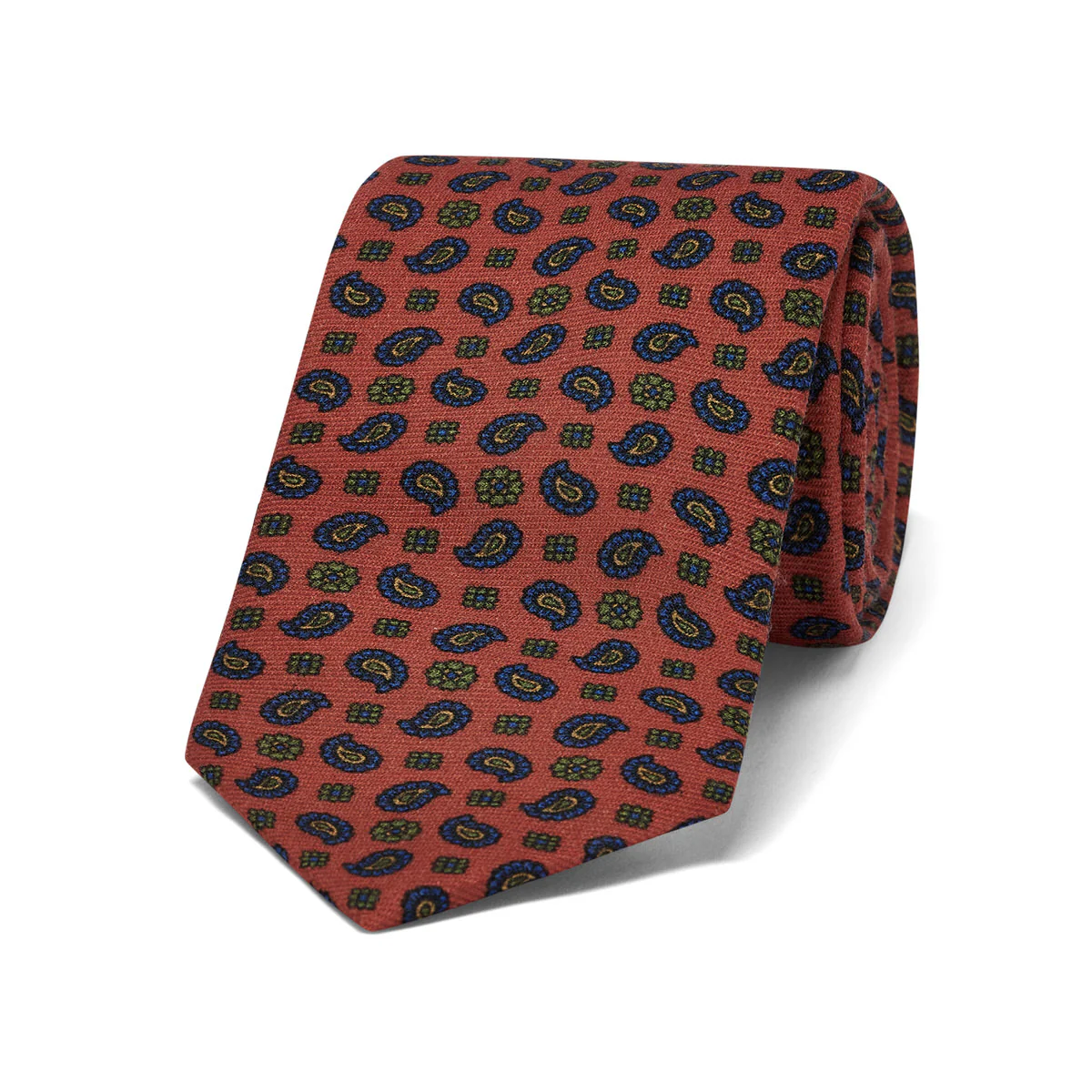 Scattered Paisley Motif Wool and Silk Tie in Copper Orange