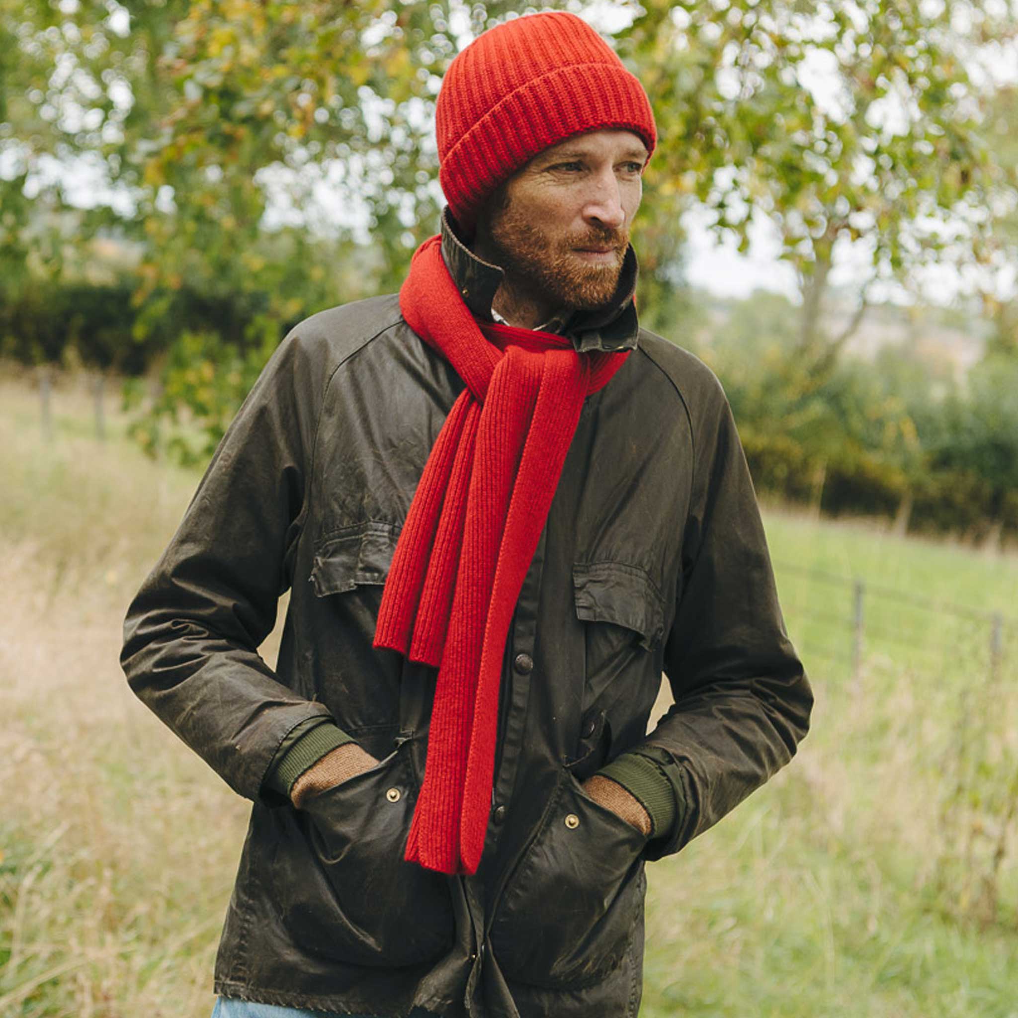 Scottish Cashmere 3 Ply Ribbed Scarf in Ruby Red - Image 2