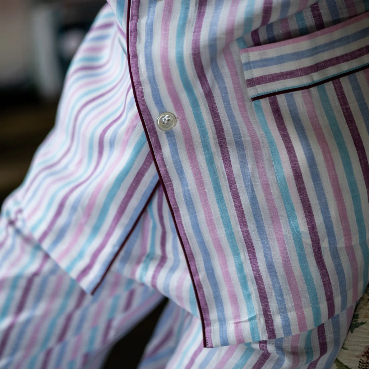 Stripe Linen Tailored Fit Pyjamas in White, Blue and Pink - Image 4