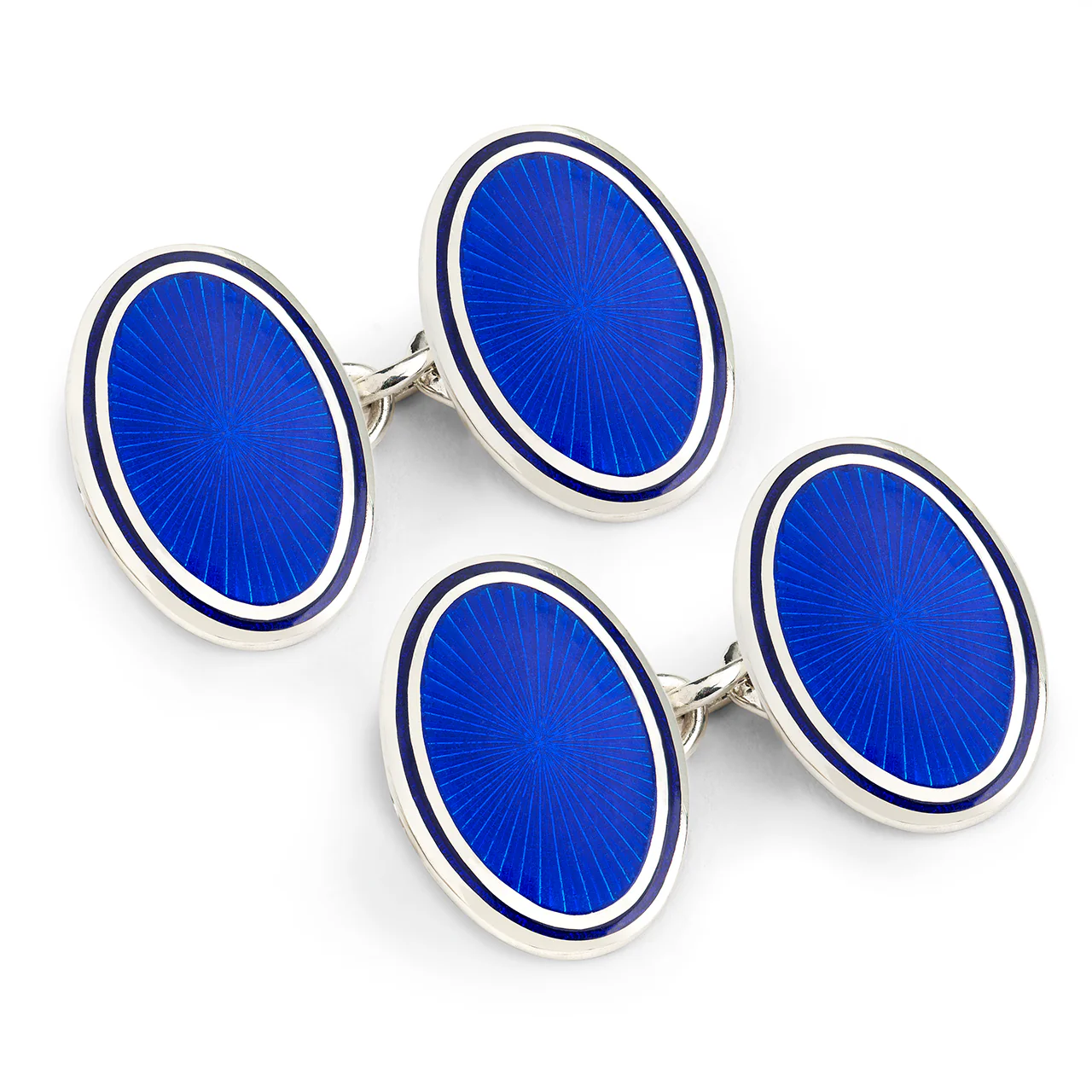 Sunburst Silver Cloisonne Chain Cufflinks in Royal and Navy - Image 2