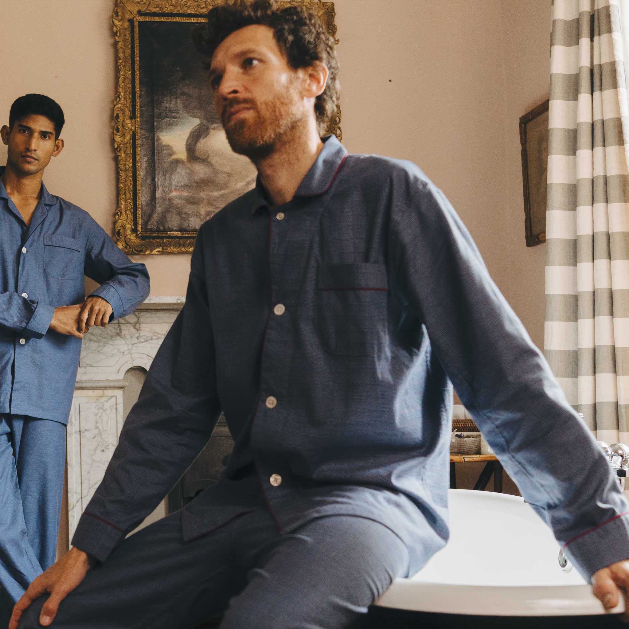 Swiss Brushed Cotton Glencheck Pyjamas in Blue and Wine - Image 6