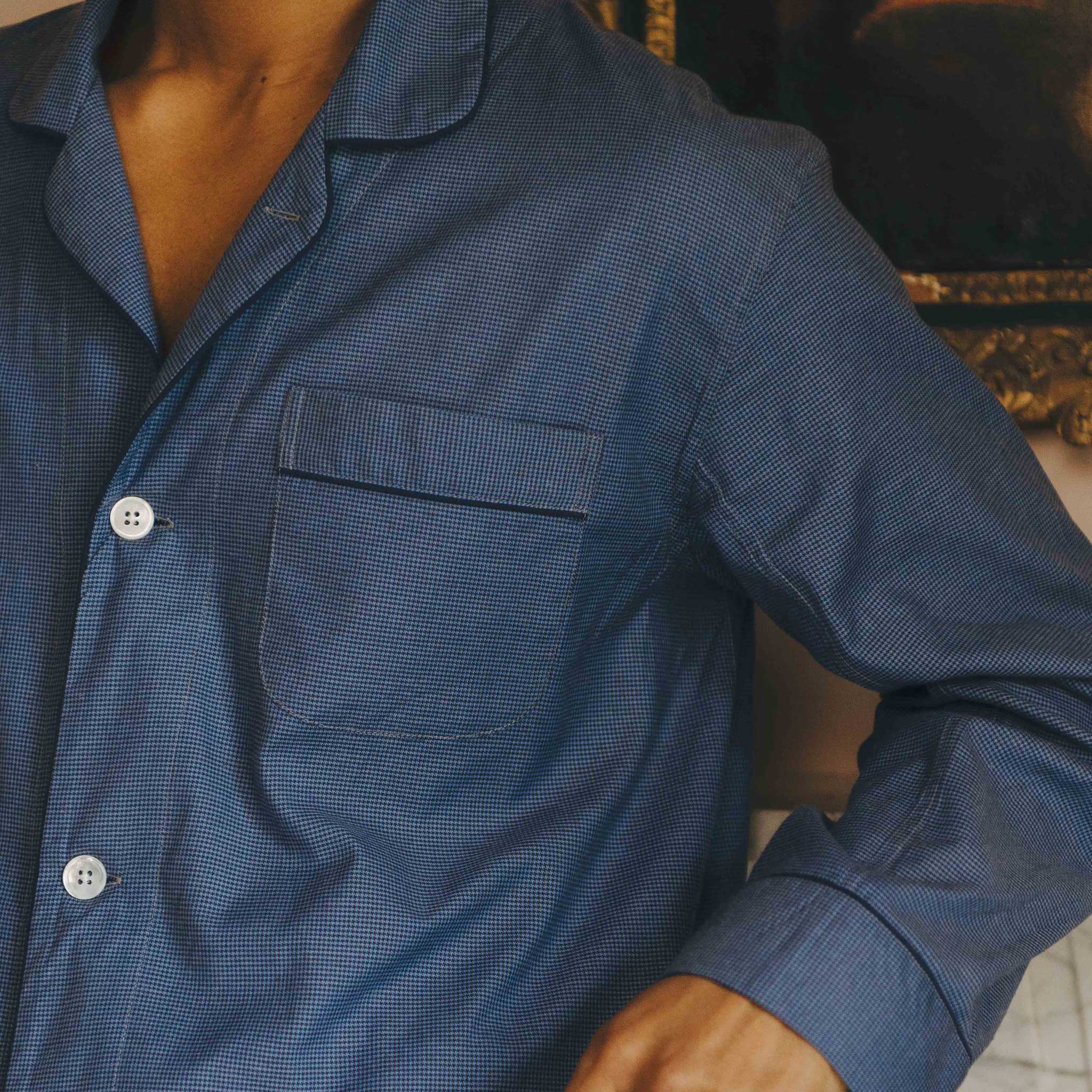 Swiss Brushed Cotton Puppytooth Pyjamas in Blue and Navy - Image 6