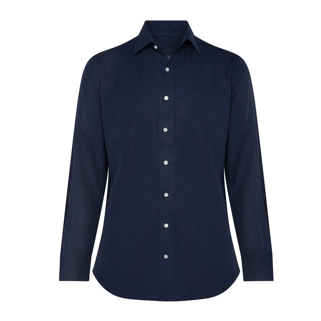 Tailored Fit Bank Collar Linen Button Cuff Shirt in Navy - Image 4