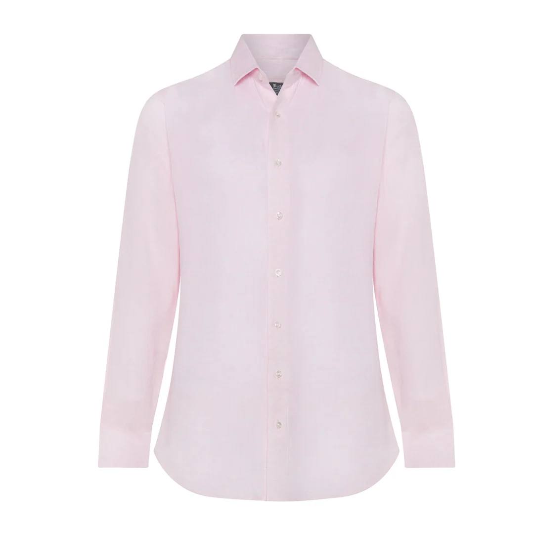Tailored Fit Bank Collar Linen Button Cuff Shirt in Pink - Image 3
