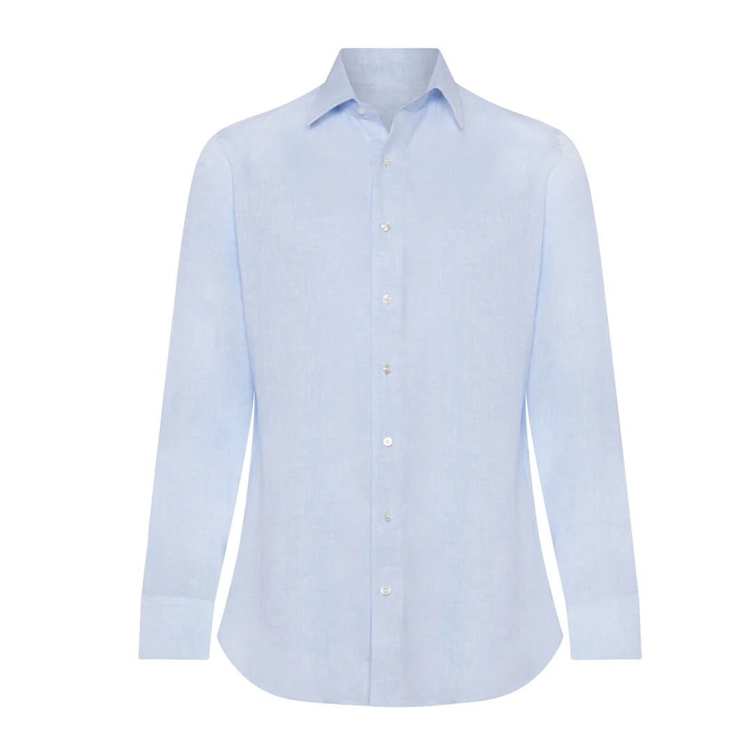 Tailored Fit Bank Collar Linen Button Cuff Shirt in Sky - Image 4