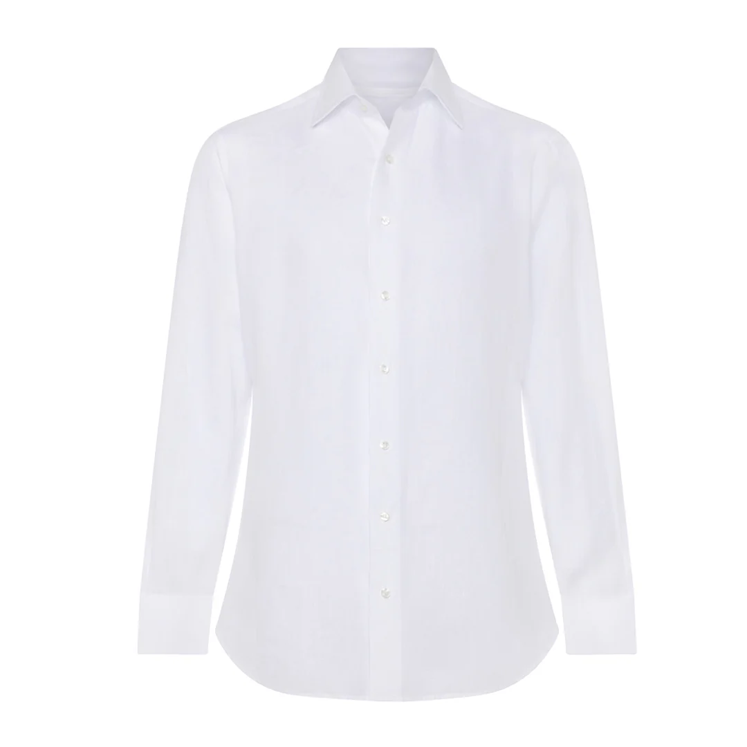Tailored Fit Bank Collar Linen Button Cuff Shirt in White - Image 4