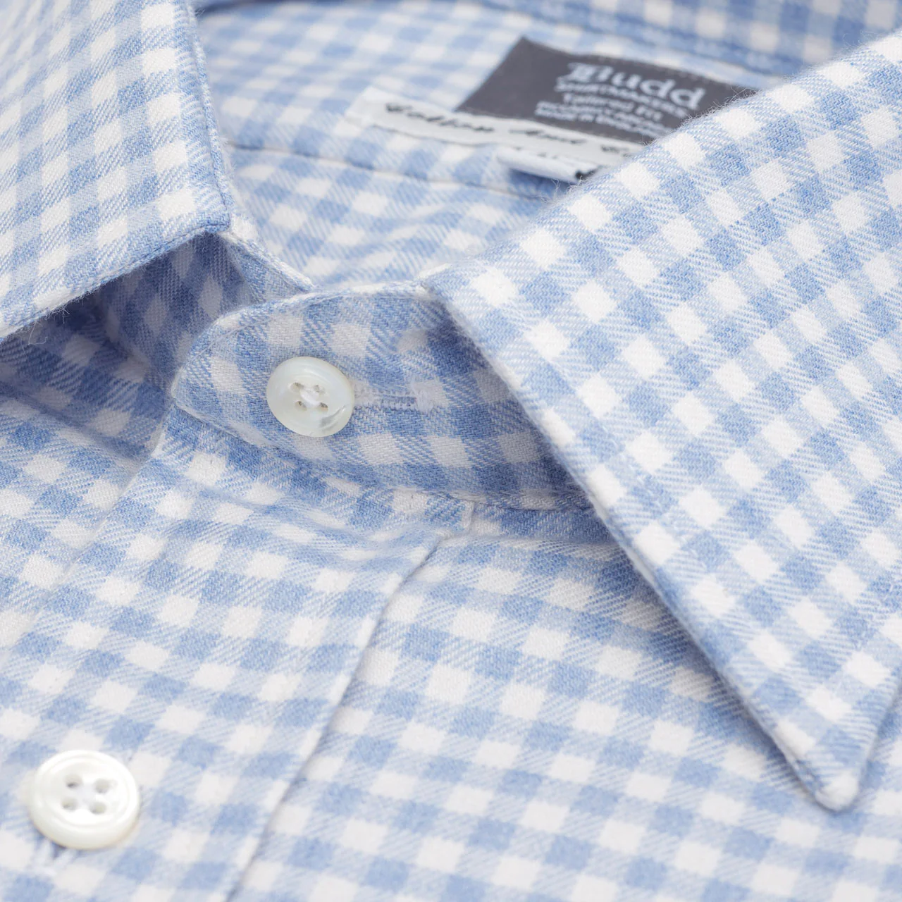 Tailored Fit Block Check Cotton and Cashmere Shirt in Sky Blue - Image 2
