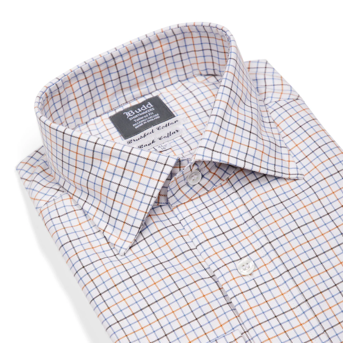 Tailored Fit Flanello Brushed Cotton Check Shirt in Blue and Orange - Image 2