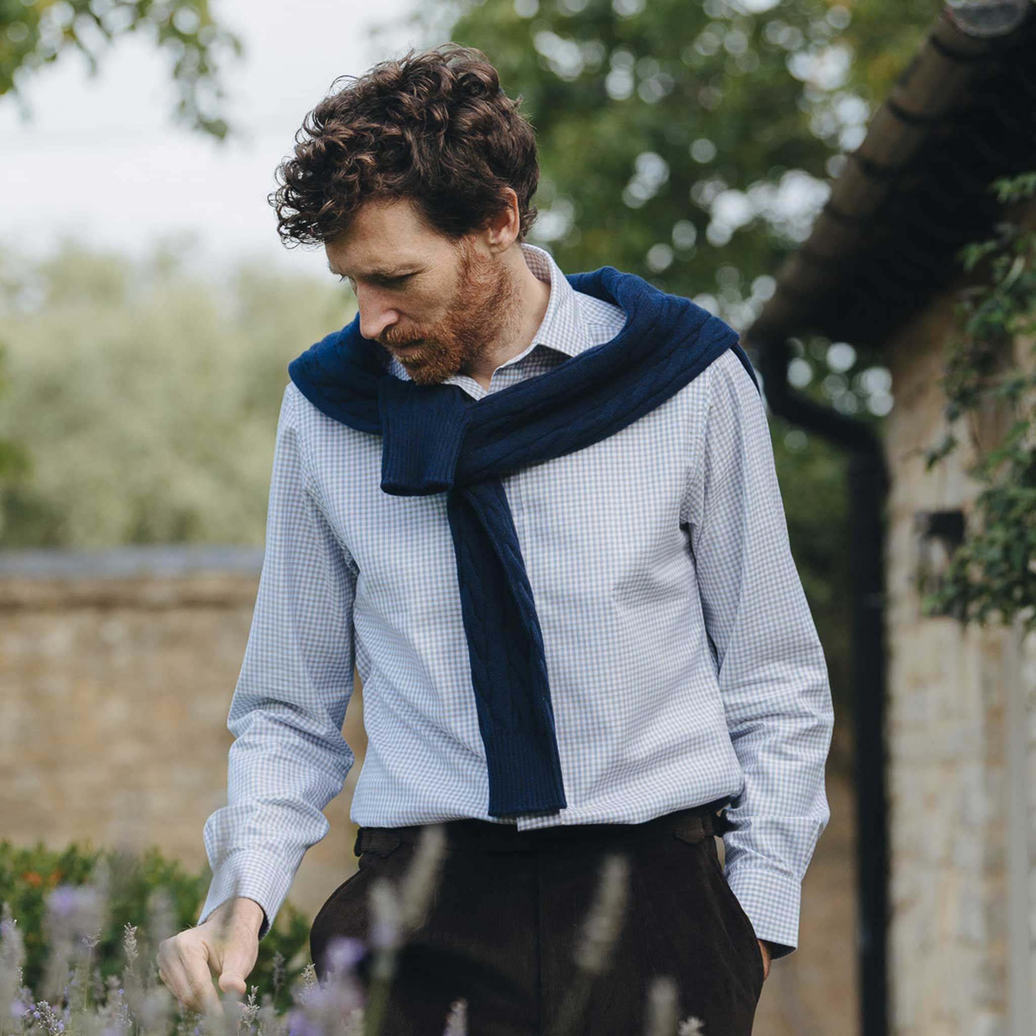 Tailored Fit Flanello Brushed Cotton Gingham Shirt in Sky Blue - Image 7