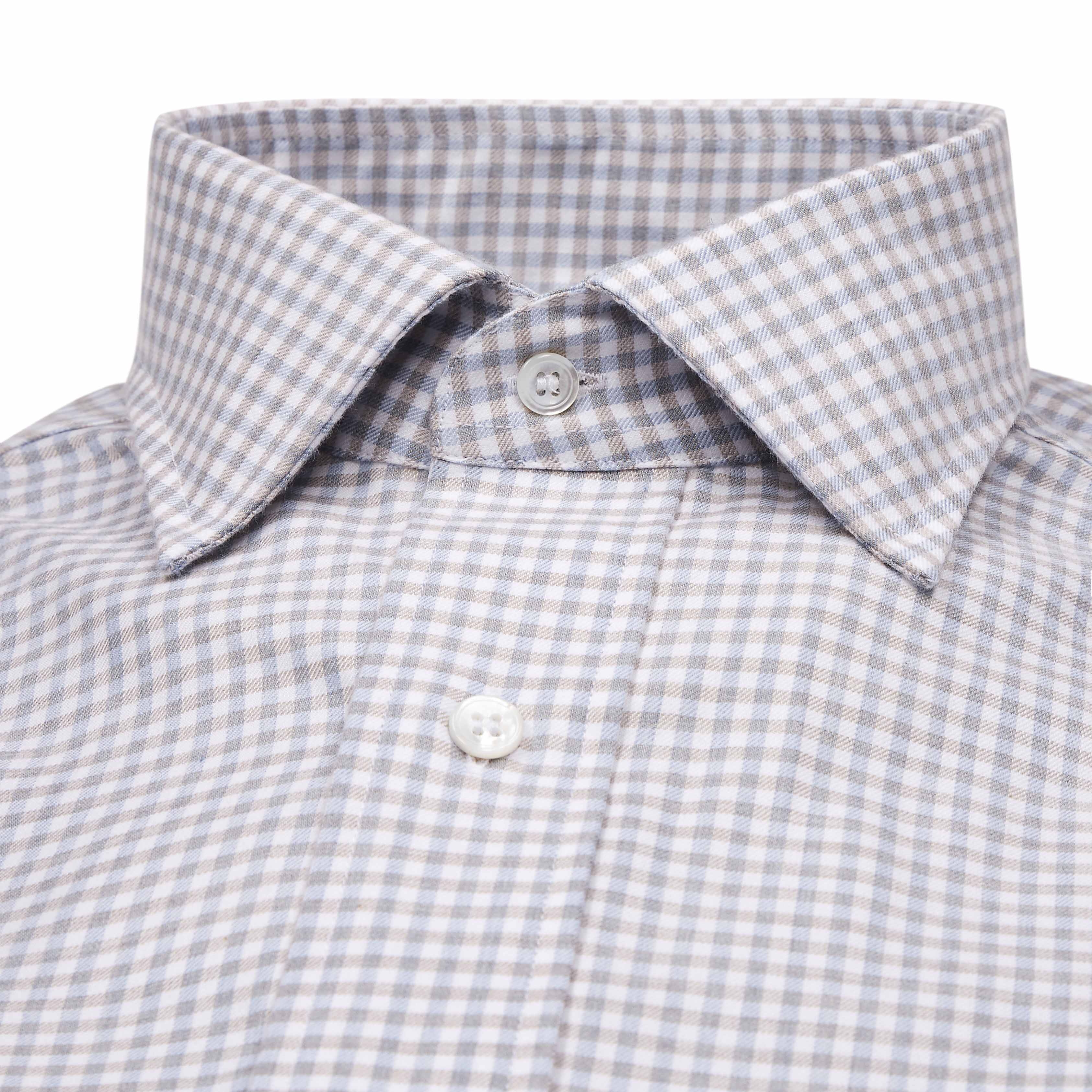 Tailored Fit Flanello Brushed Cotton Gingham Shirt in Sky Blue and Coffee - Image 4