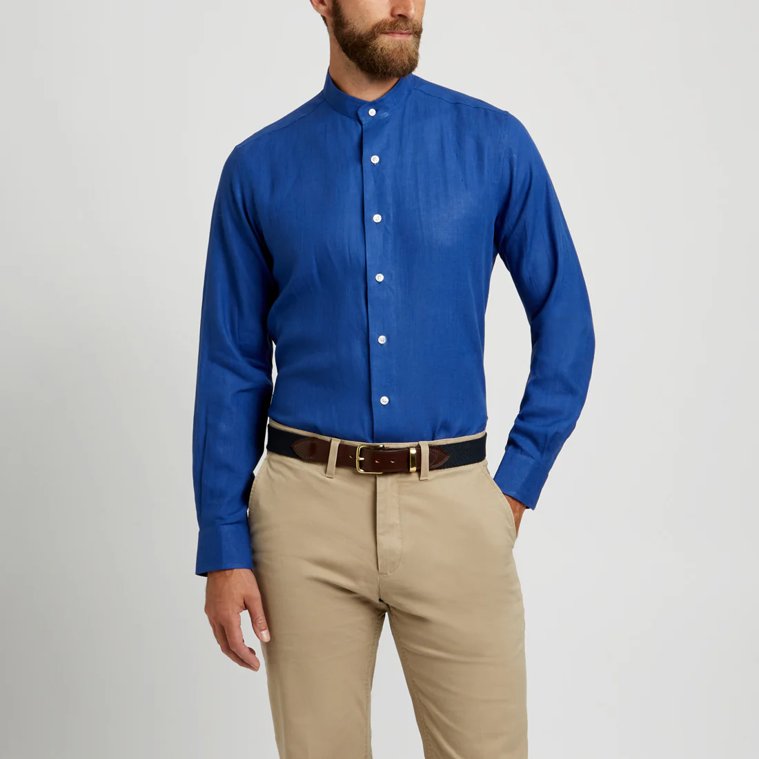 Tailored Fit Grandad Collar Linen Shirt in Budd Blue - Image 4