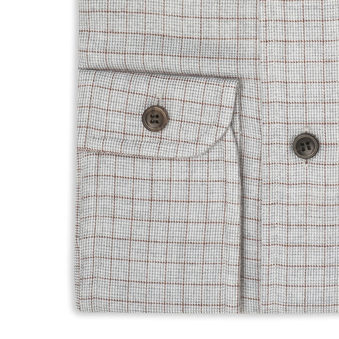 Tailored Fit Micro Houndstooth Brushed Cotton Button Cuff Shirt in Brown and Grey - Image 3
