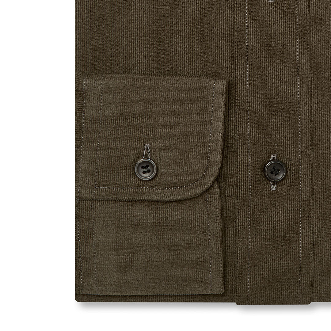 Tailored Fit Plain Fine Corduroy Button Cuff Shirt in Brown - Image 3