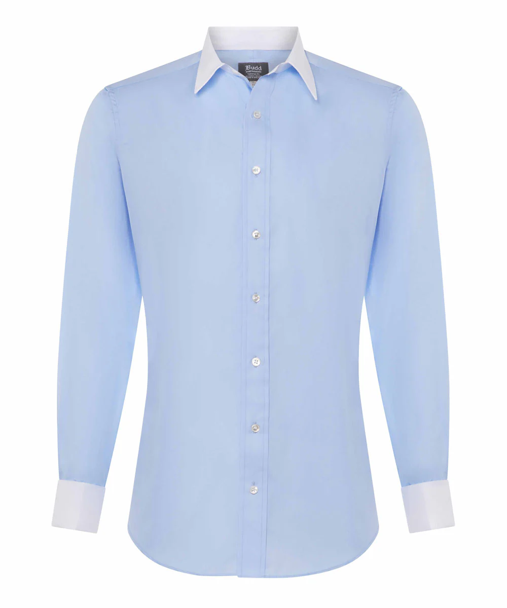 Tailored Fit Poplin Shirt in Blue with White Collar and Cuffs - Image 4