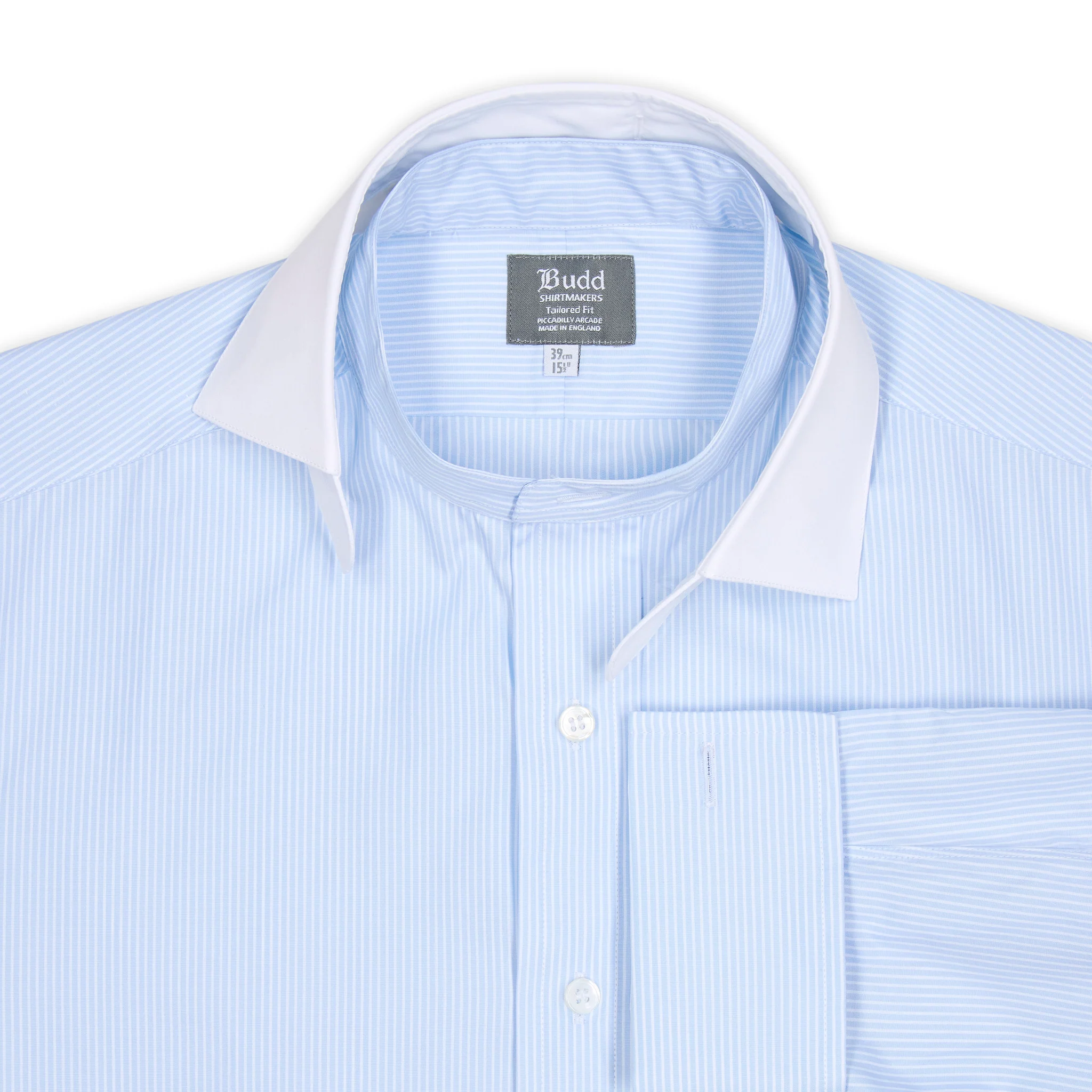 Tailored Fit Stripe Poplin Formal Neckband Shirt in Sky Blue - Image 3